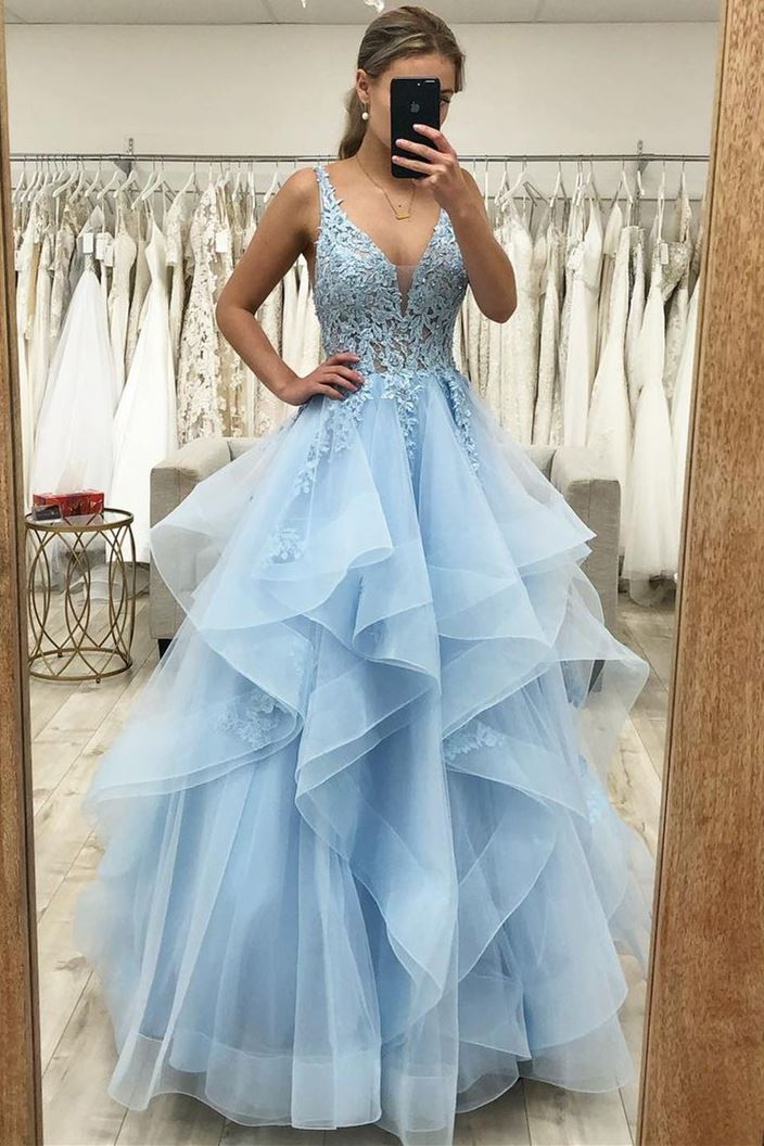 Princess Blue A-line Ruffles Long Prom Dress