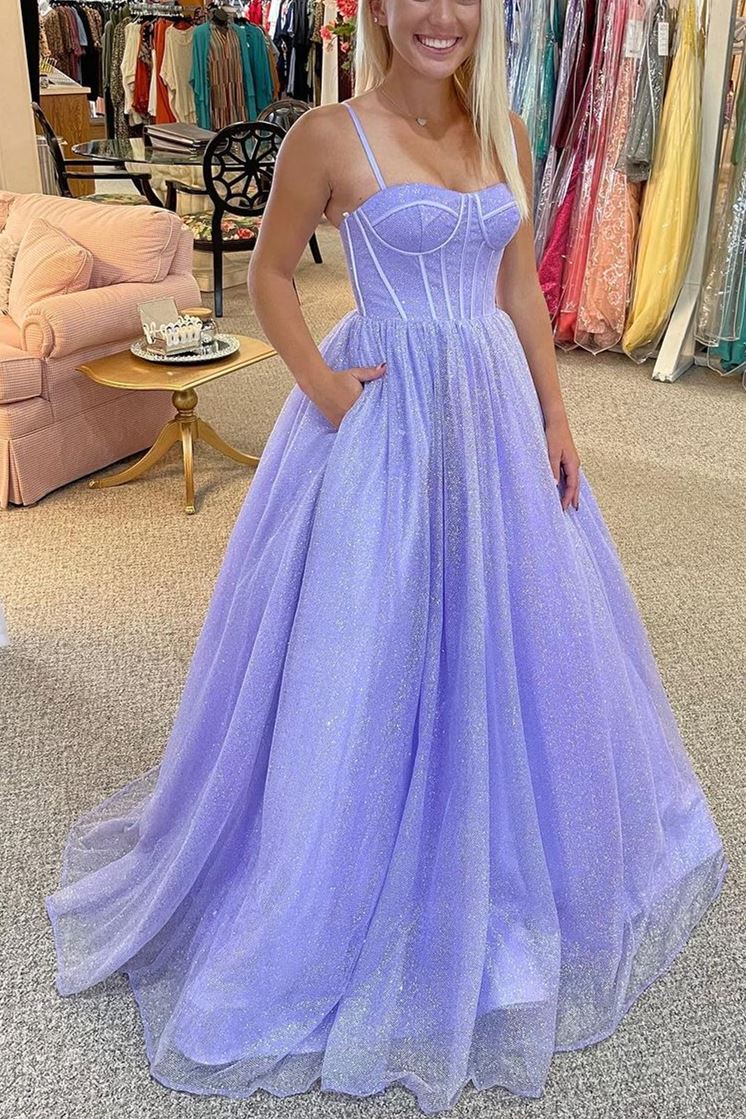 Princess Light Blue A-line Straps Long Prom Gown