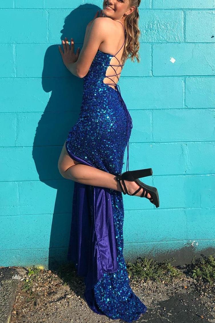 Simple Navy Blue Sequins Mermaid Long Prom Dress