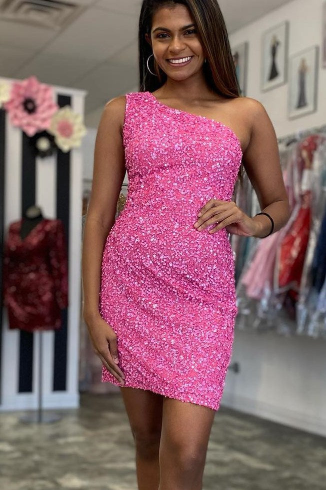 One Shoulder Hot Pink Mini Party Dress