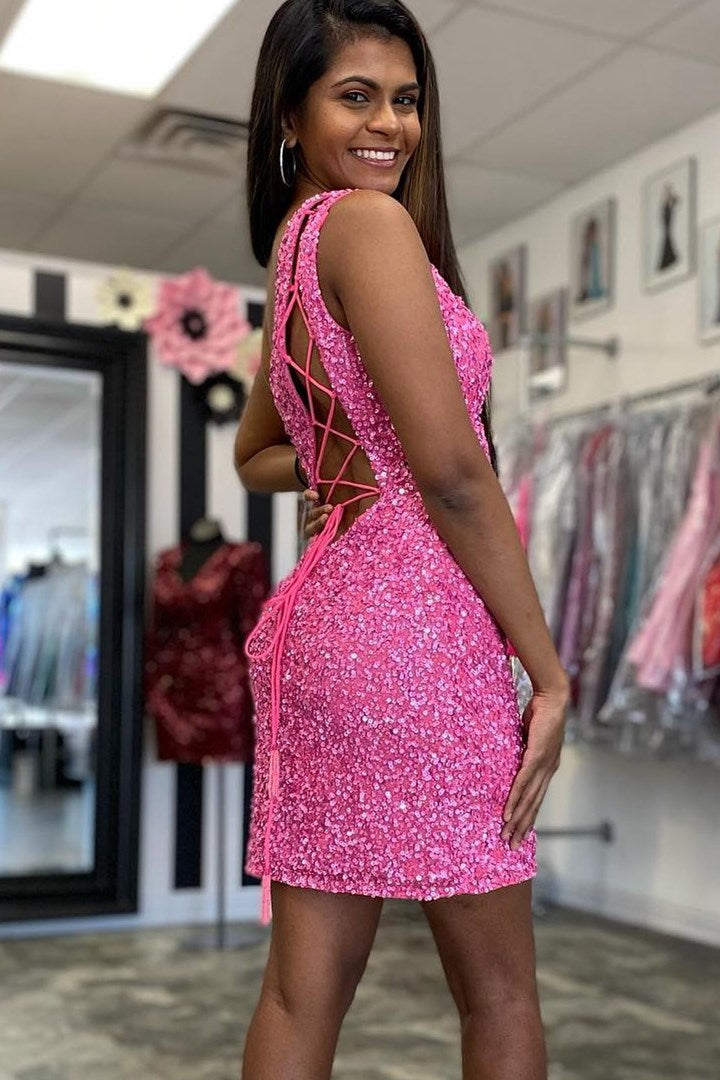 One Shoulder Hot Pink Mini Party Dress