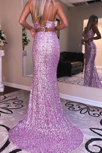 Two Piece Hot Pink Sequins Mermaid Long Prom Dress