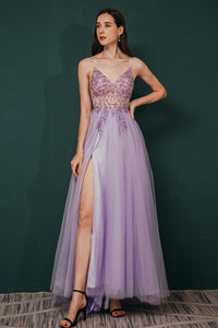 Light Purple A-line Rhinestones Tulle Long Prom Dress