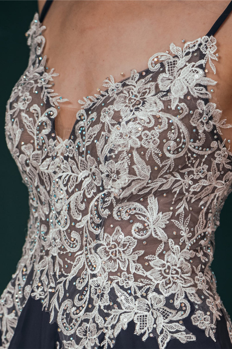 Navy A-line Chiffon Long Prom Dress with White Appliques