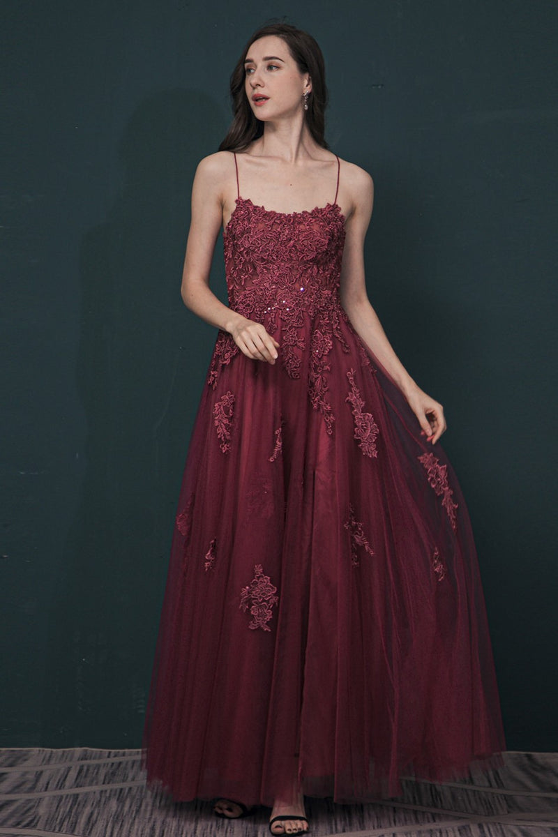 Burgundy A-line Lace Appliques Long Formal Dress