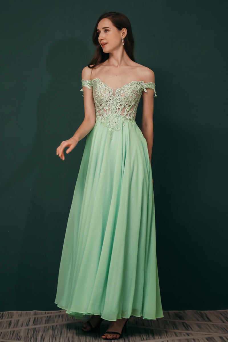 Off the Shoulder Mint Green Chiffon Long Prom Dress
