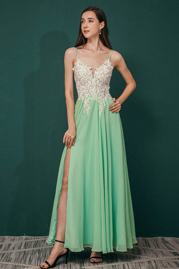 Mint Green Chiffon Spaghetti Straps A-line Long Prom Dress