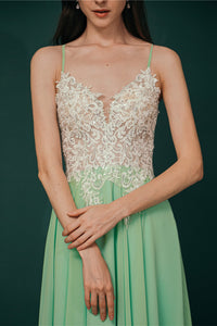 Mint Green Chiffon Spaghetti Straps A-line Long Prom Dress