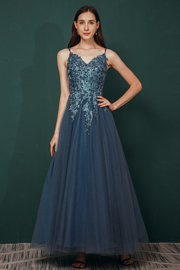 Navy Blue Appliques A-line Long Formal Gown