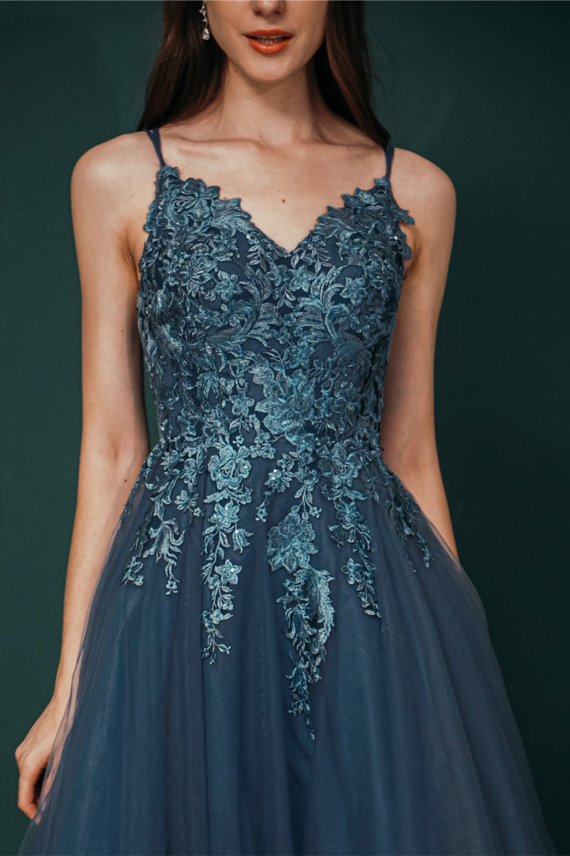 Navy Blue Appliques A-line Long Formal Gown