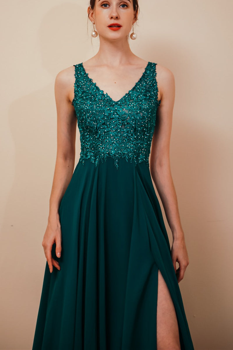 Green A-line Chiffon and Lace Appliques Long Prom Dress