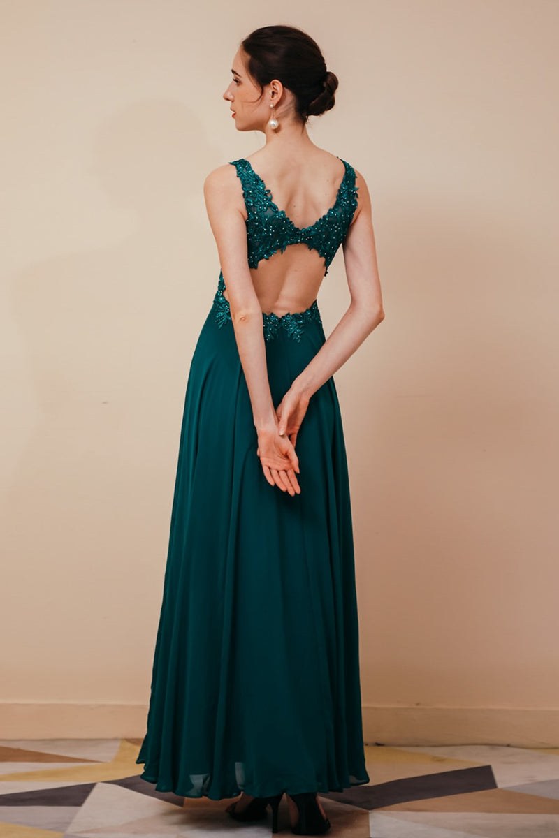 Green A-line Chiffon and Lace Appliques Long Prom Dress