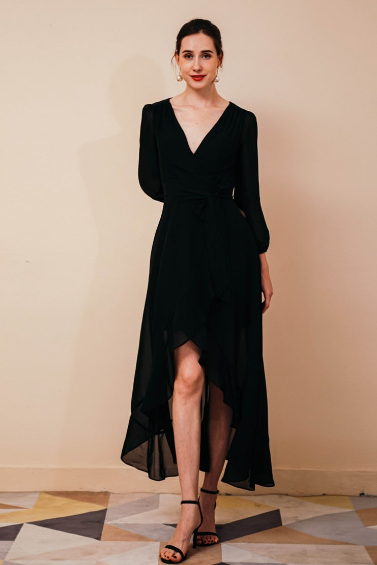 High Low Black Chiffon Long Sleeves Party Dress