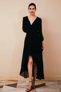 High Low Black Chiffon Long Sleeves Party Dress