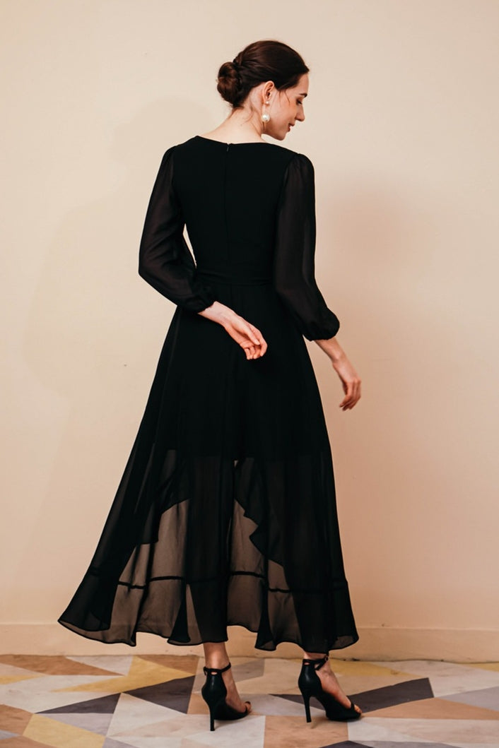High Low Black Chiffon Long Sleeves Party Dress