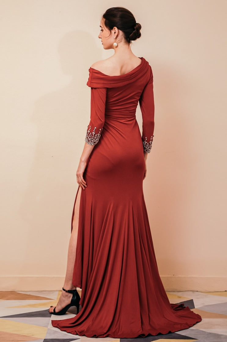 Long Sleeves Mermaid Burgundy Long Mother of the Bride Dress