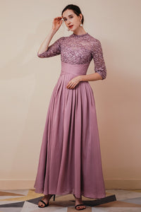 High Neck Mauve Lace and Chiffon Long Mother of the Bride Dress