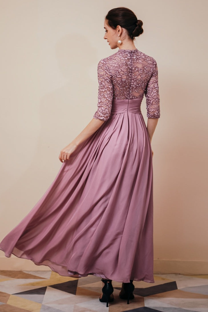 High Neck Mauve Lace and Chiffon Long Mother of the Bride Dress