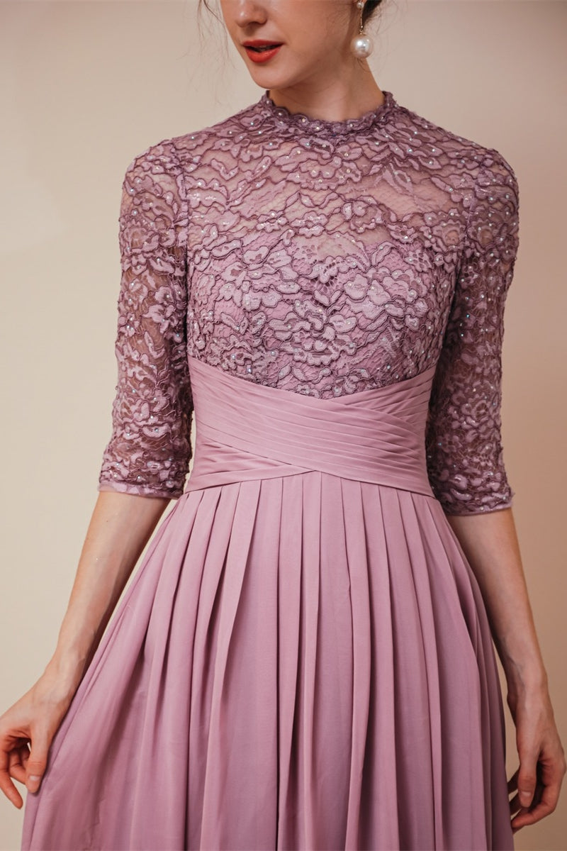 High Neck Mauve Lace and Chiffon Long Mother of the Bride Dress