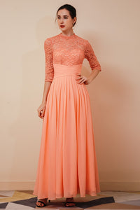 High Neck Mauve Lace and Chiffon Long Mother of the Bride Dress