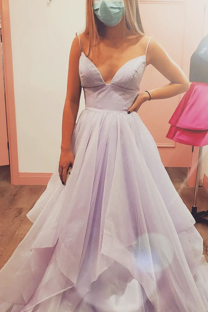 Lavender Spaghetti Straps Ruffles Long Formal Dress