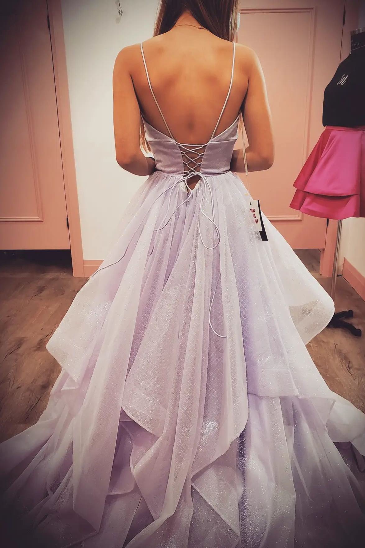 Lavender Spaghetti Straps Ruffles Long Formal Dress