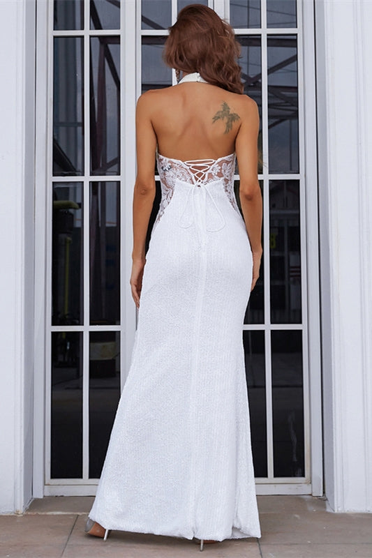 White Mermaid Halter Long Formal Dress with Slit