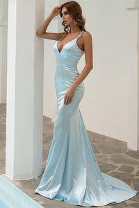 Baby Blue Mermaid V Neck Formal Dress