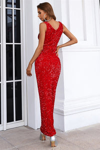 Classic Tea Length Red Sequins Tight Dress