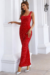 Classic Tea Length Red Sequins Tight Dress