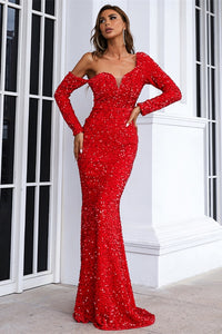 Stunning Long Sleeves Red Sequins Mermaid Long Dress