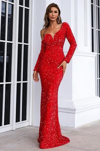 Stunning Long Sleeves Red Sequins Mermaid Long Dress