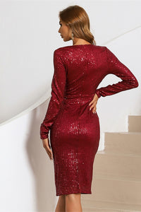 Long Sleeves Wine Red Sequins Bodycon Dress