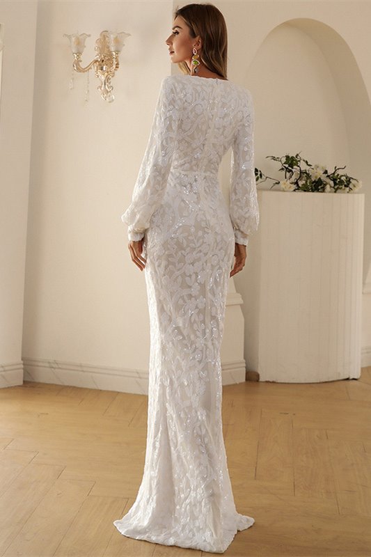 Sexy Long Sleeves White Wrap Formal Dress