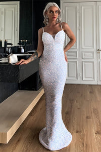White Sequins Mermaid Long Dress with Spaghetti Straps