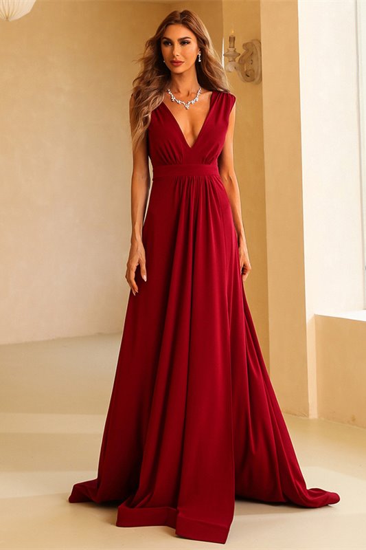 Sexy Red A-line Deep V Neck Long Party Dress