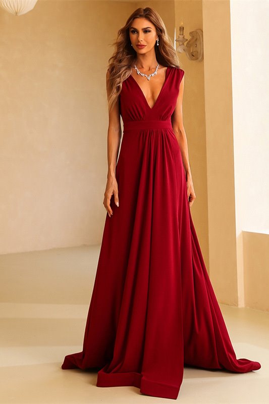 Sexy Red A-line Deep V Neck Long Party Dress