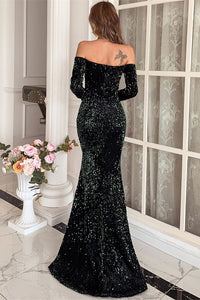 Black Sequins Off the Shoulder Mermaid Long Evening Dress