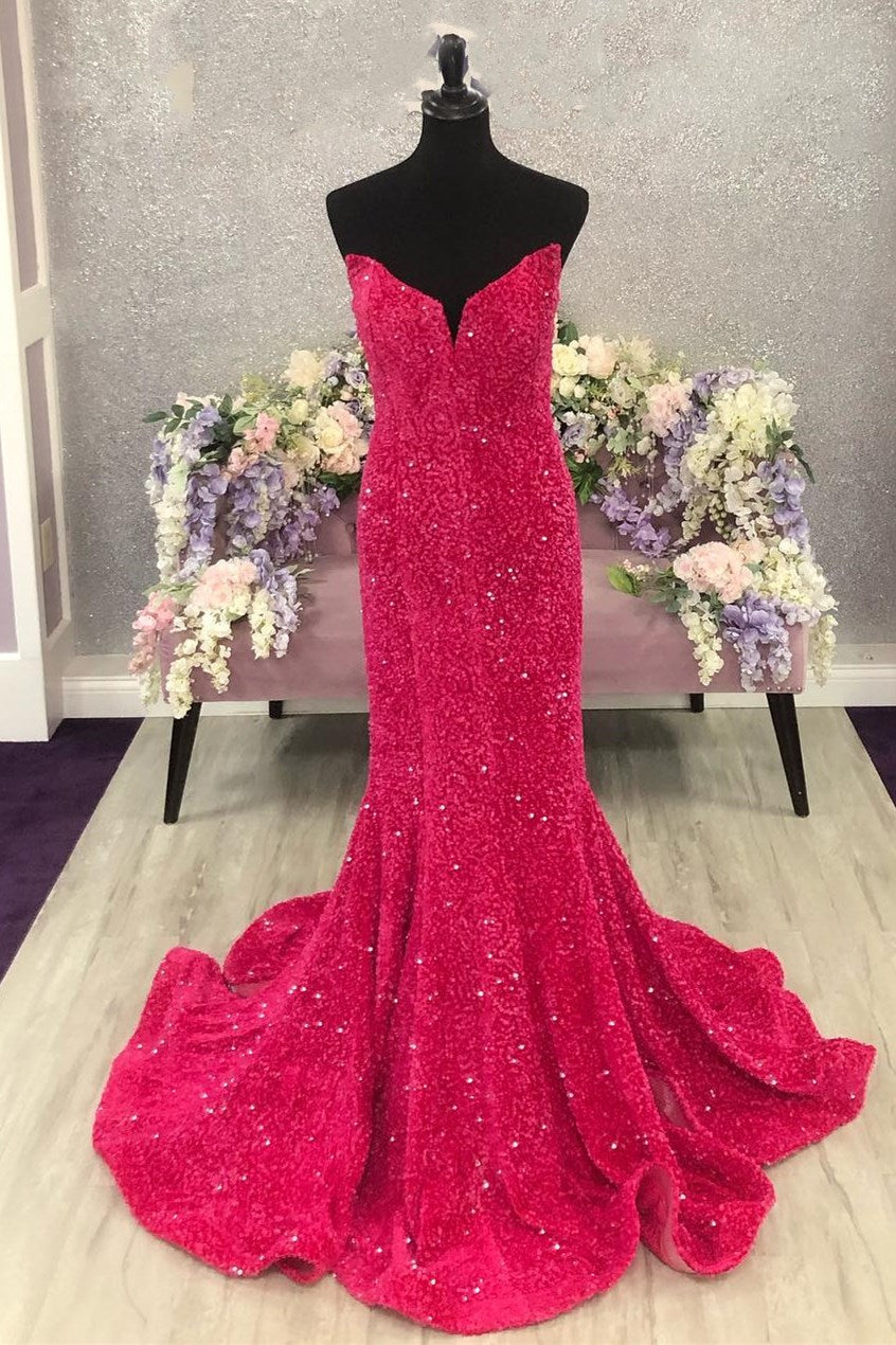 Mermaid Red Sequins Strapless Long Prom Dress