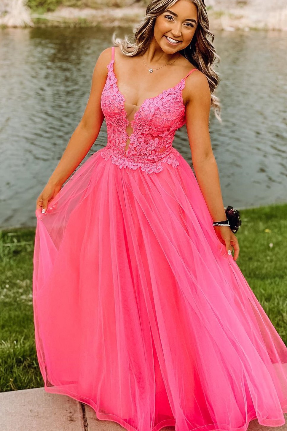 Hot Pink Princess A-line Lace and Tulle Prom Dress