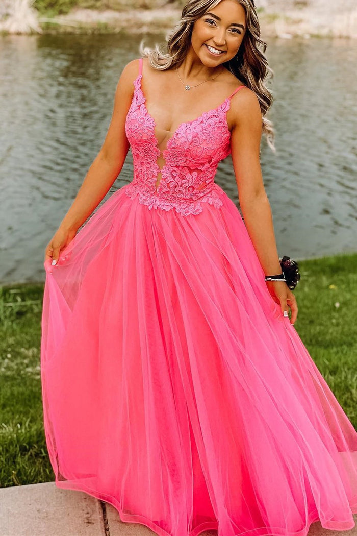 Hot Pink Princess A-line Lace and Tulle Prom Dress