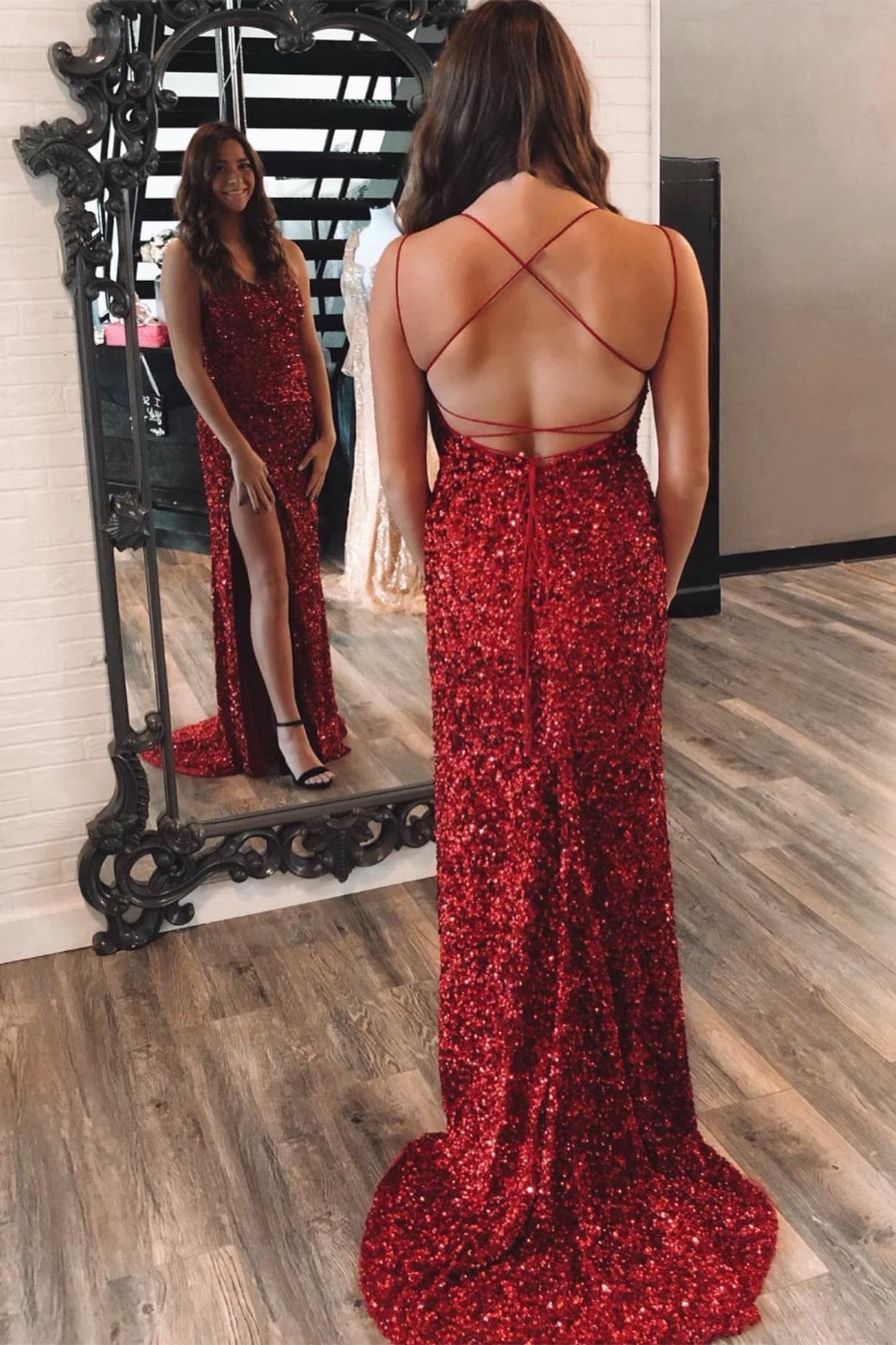 Mermaid Red Sequin Long Prom Dress with Slit