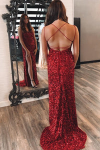 Mermaid Red Sequin Long Prom Dress with Slit