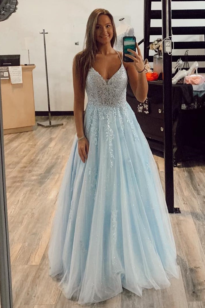 Straps Light Blue A-line Long Formal Dress