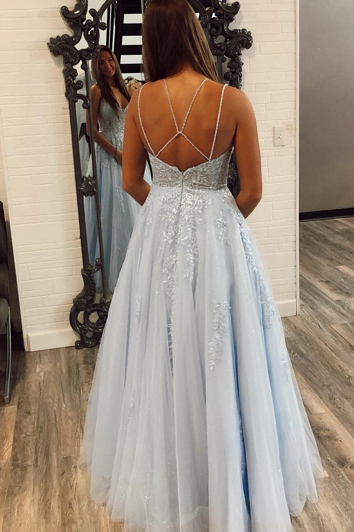 Straps Light Blue A-line Long Formal Dress