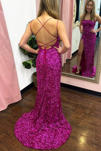 Sexy Fuchsia Sequin Mermaid Long Party Dress