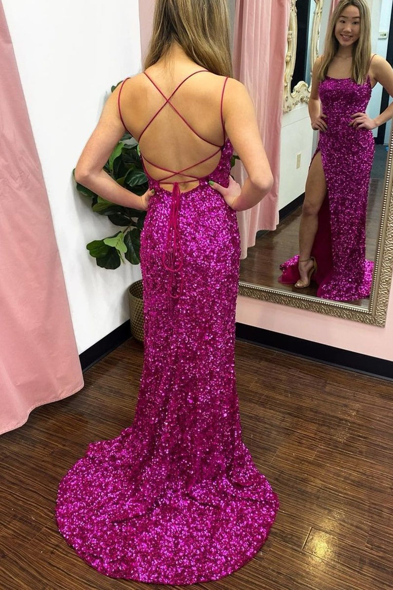 Sexy Fuchsia Sequin Mermaid Long Party Dress