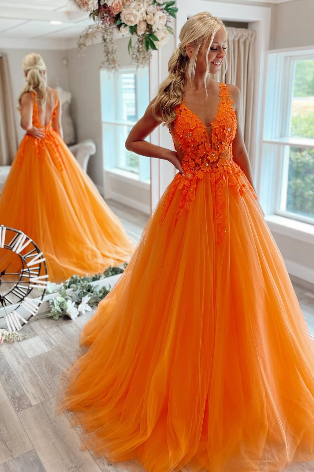 Princess Orange A-line Floral Appliues Long Formal Dress