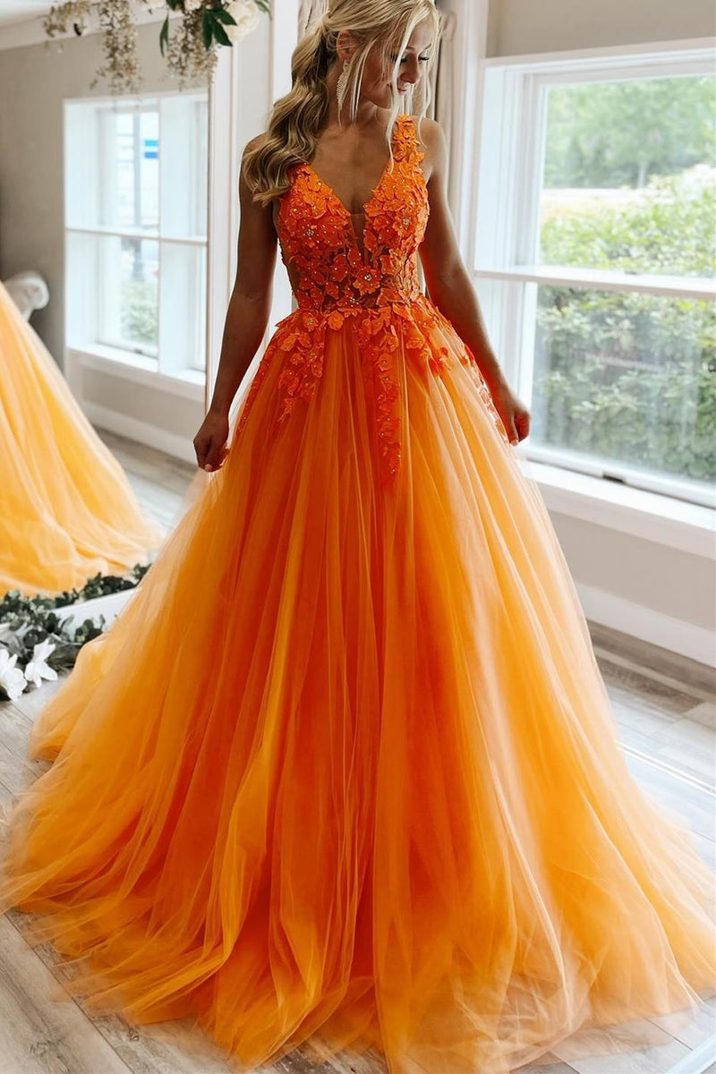Princess Orange A-line Floral Appliues Long Formal Dress