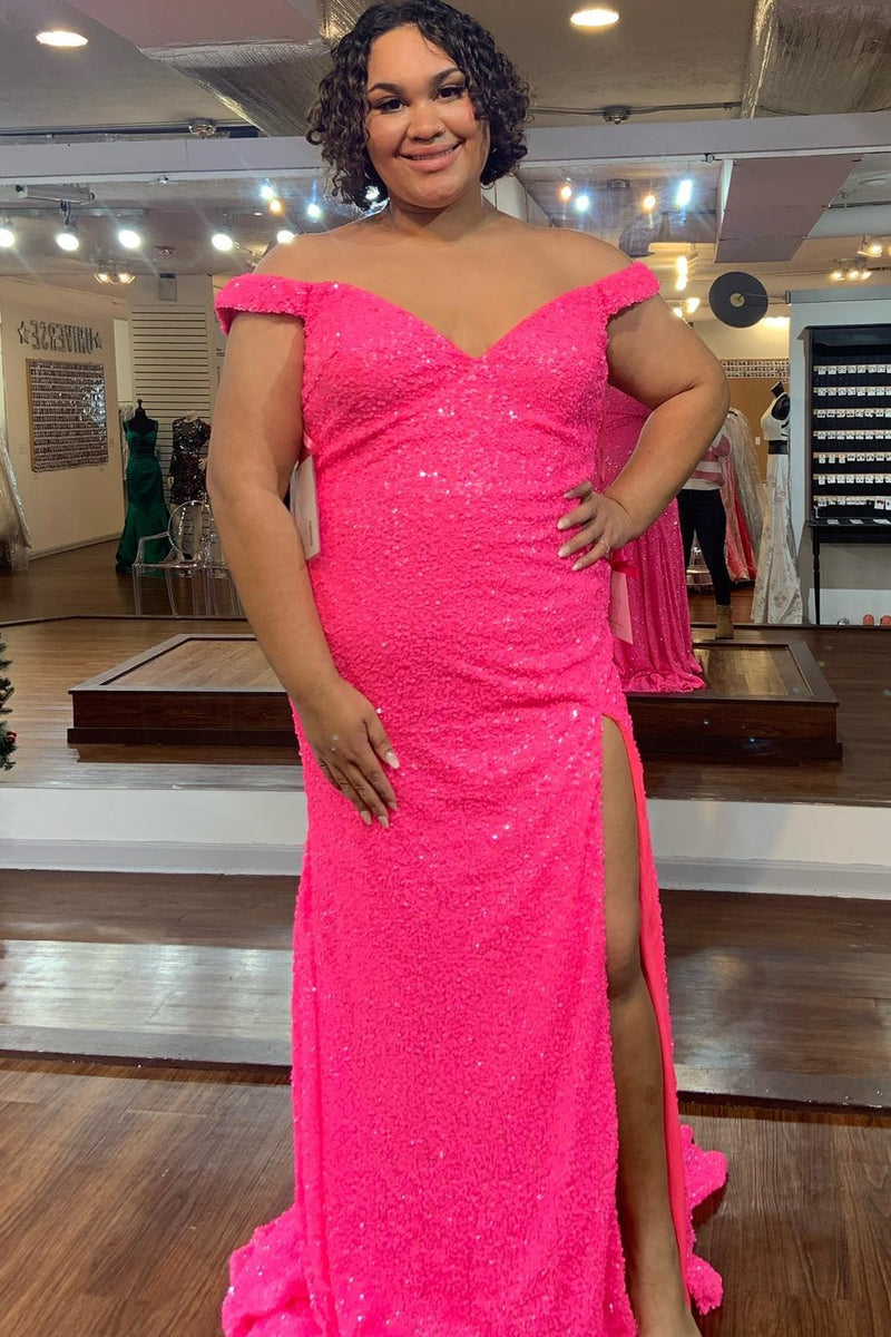 Modest Hot Pink Sequin Mermaid Side Slit Formal Dress